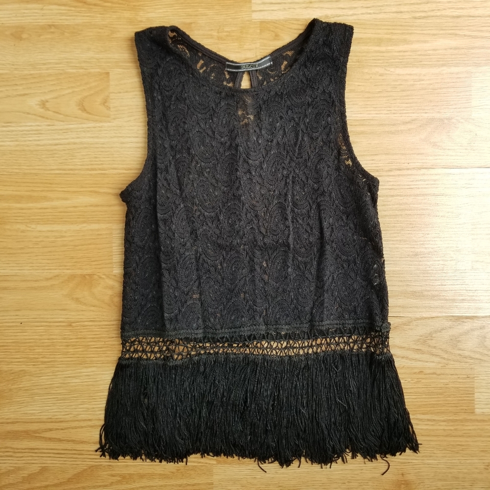 DULCIE Anthropologie black sleeveless lace tank top with black fringe M